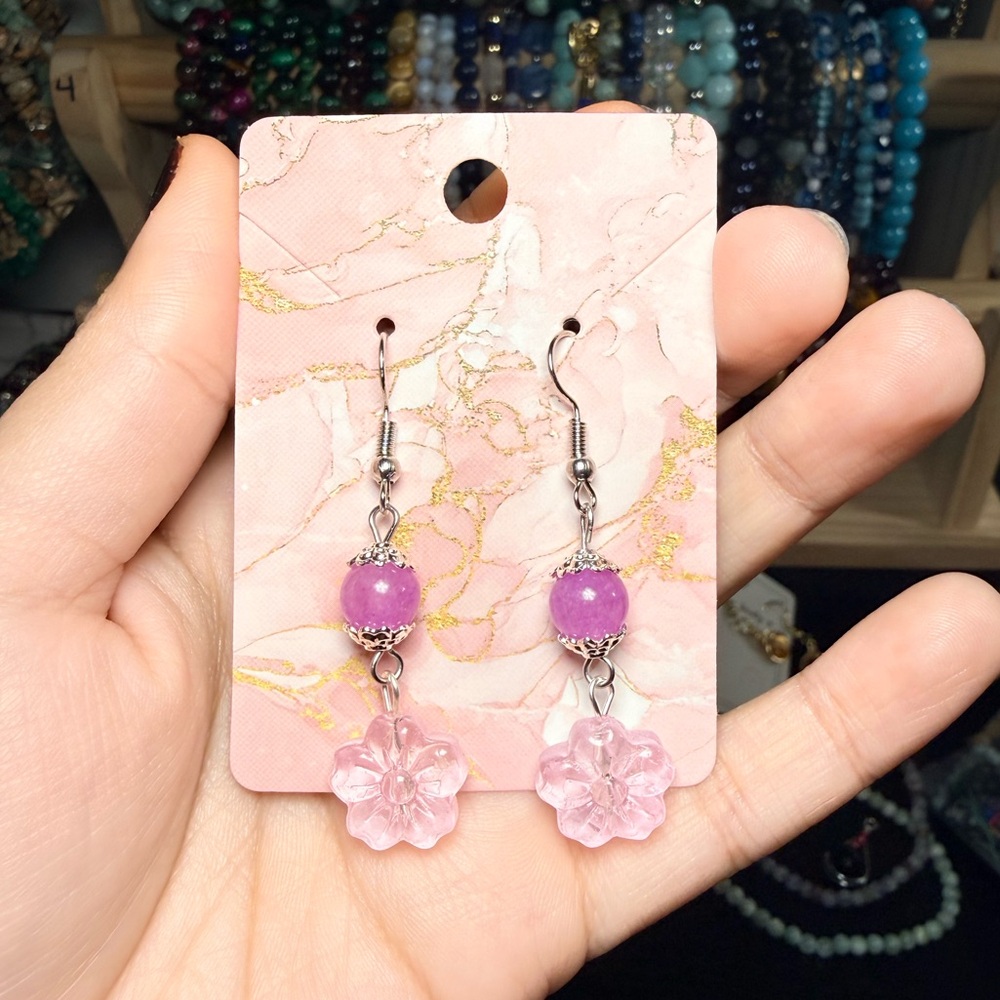 Purple Quartz & Glass Flower Drop Earrings | Handmade - Picture 4 of 4